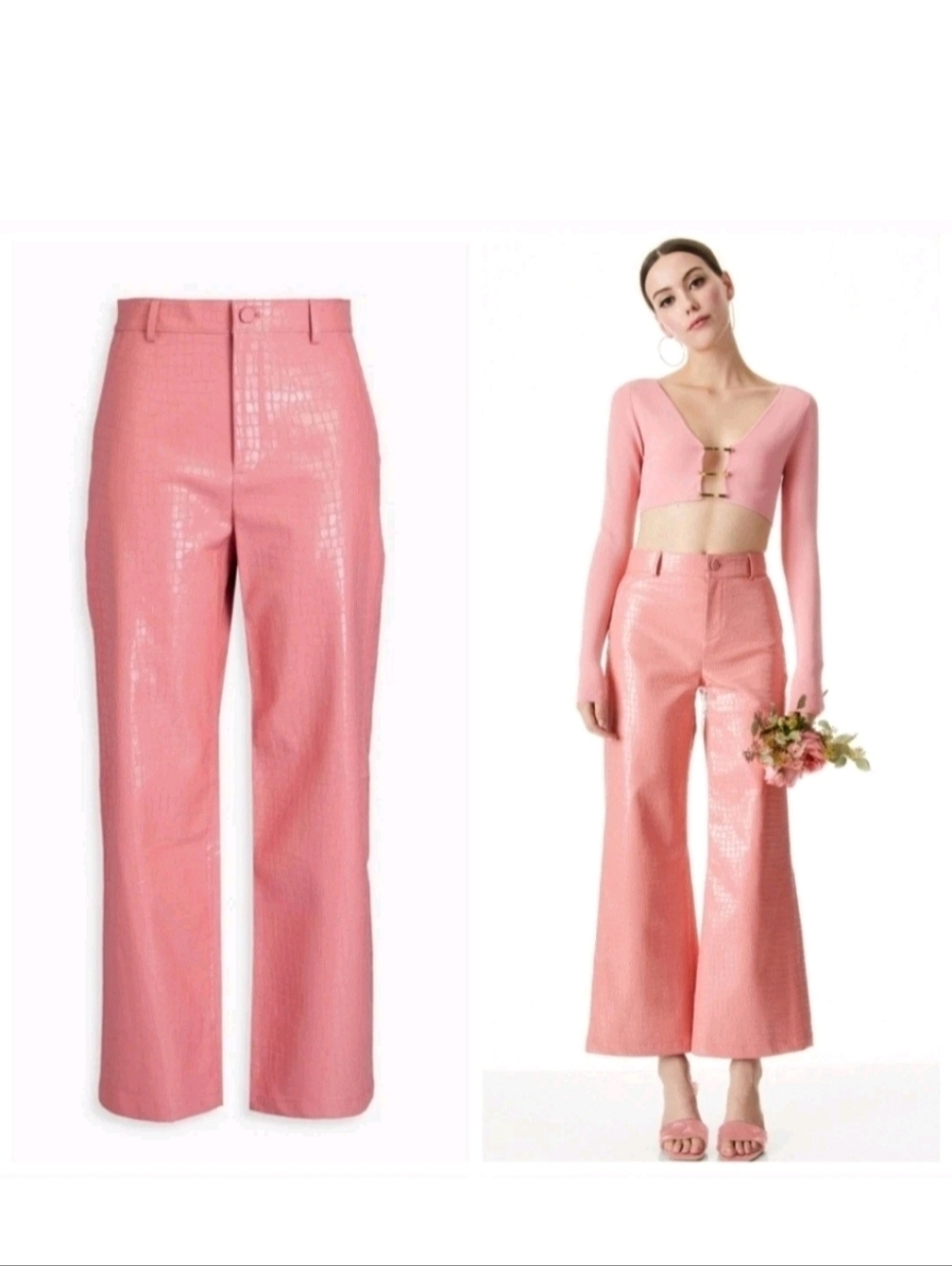 Alice + Olivia Pink Croc-Embossed Wide-Leg Pants Size 6 - Picture 11 of 13